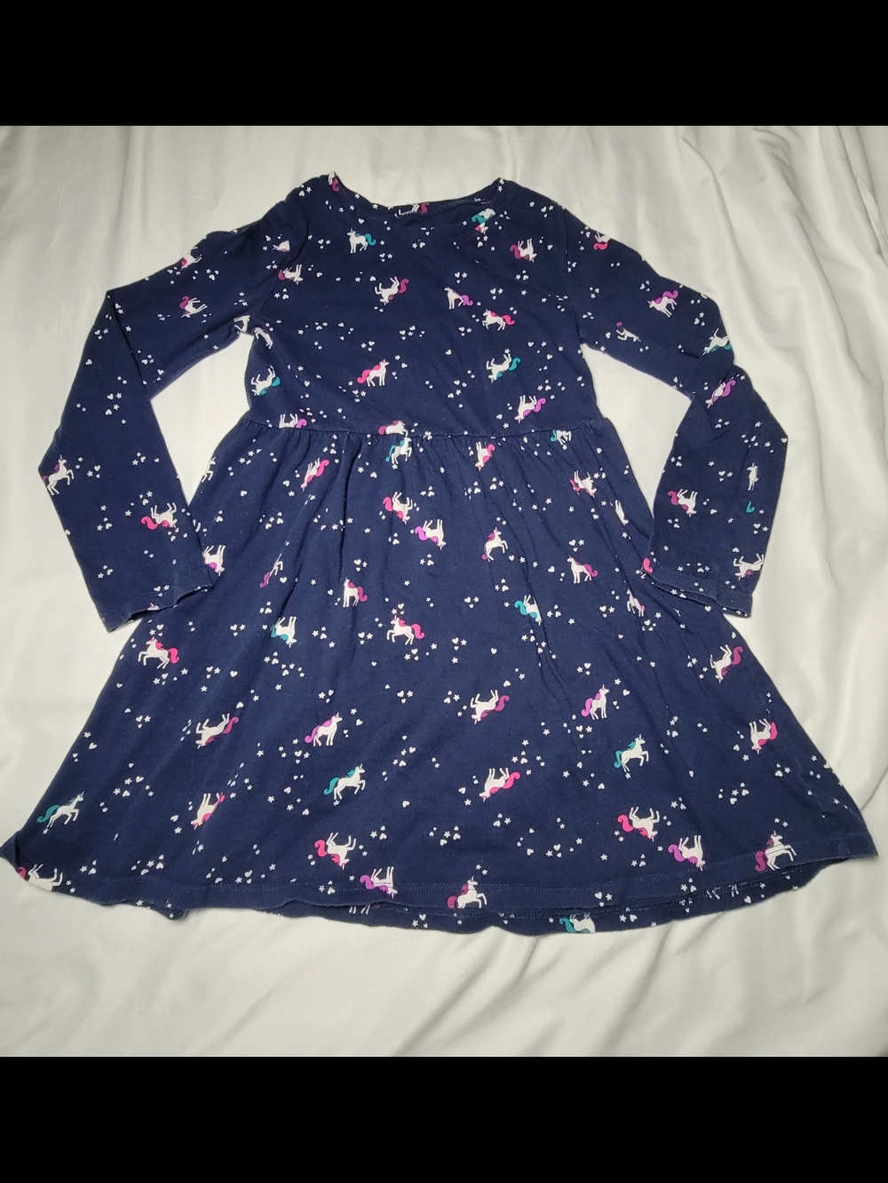 jumping beans Navy Long-Sleeve Unicorn Print Dress in Pink, Teal, White - Size 8